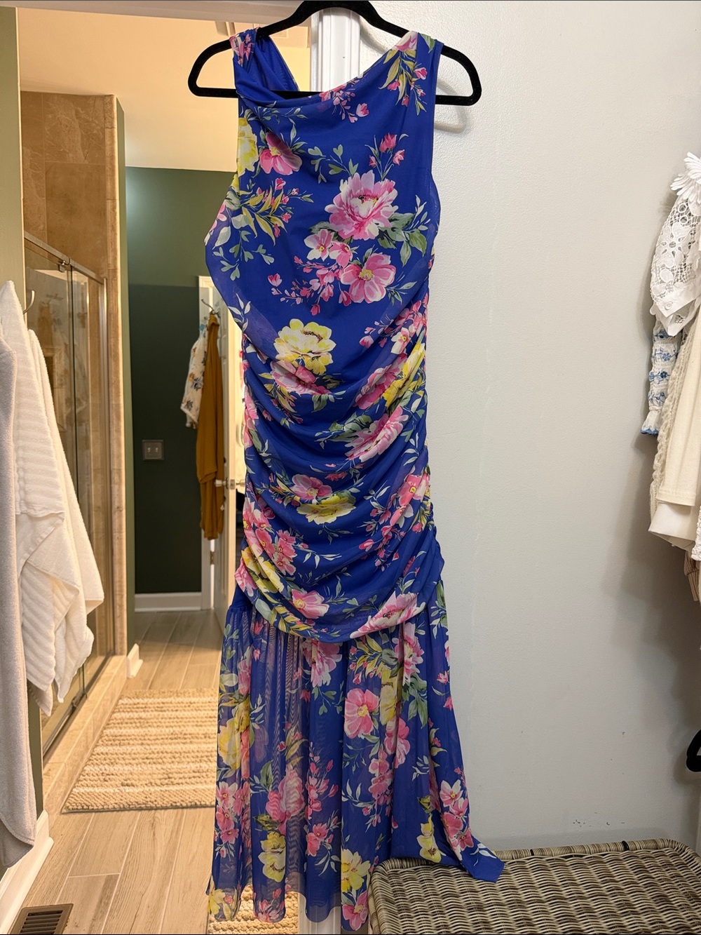 Anthropologie Royal Blue Floral Draped Maxi Dress